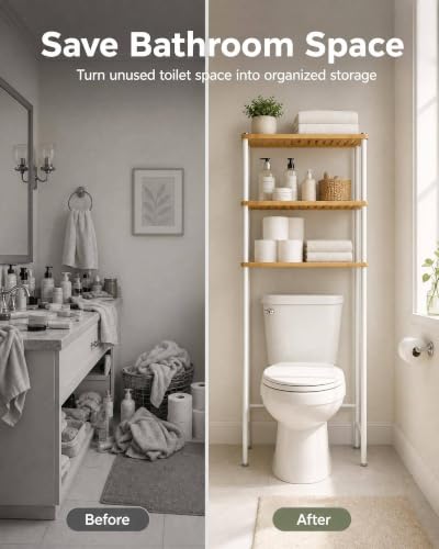 LiSHELF Bamboo Over The Toilet Storage Shelf 3-Tier Bathroom Organizer Rack Freestanding Above Toilet Shelves Space Saver for Small Bathroom, Laundry, White