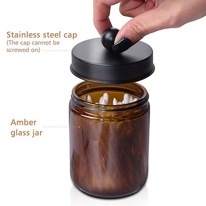 Glass Bathroom Accessory 5 Pcs | 2 Pcs 16oz Amber Soap Dispensers with Stainless Steel Pumps, 2 Pcs Qtip Holder Dispensers with Labels & Bamboo Tray
