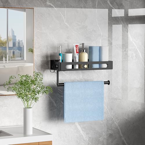 Wall Mount Paper Towel Holder with Shelf for Bathroom, Kitchen,Black 2Hooks | Metal Spice Rack, Easy One-Hand Tear Design Mounted Hanging Hand Paper Towel Roll Holder for RV, Home(Self Adhesive or Drill) - color: Black