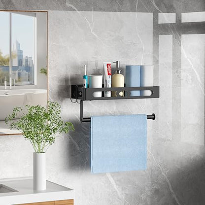 Wall Mount Paper Towel Holder with Shelf for Bathroom, Kitchen,Black 2Hooks | Metal Spice Rack, Easy One-Hand Tear Design Mounted Hanging Hand Paper Towel Roll Holder for RV, Home(Self Adhesive or Drill) - color: Black