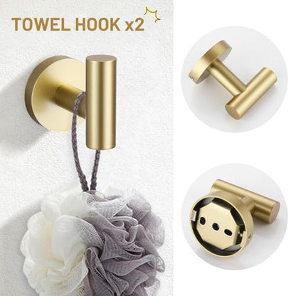 TURS Brushed Gold 5 Piece Bathroom Hardware Set, SUS304 Stainless Steel Bath Towel Bar Set, 23.6 Inch Round Bathroom Accessories Kit Wall Mounted - color: Brushed Gold