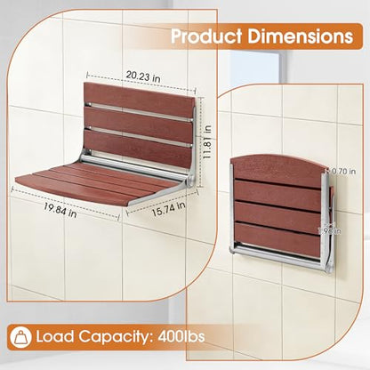 20" Folding Shower Seat, Fold Down Shower Seat Wall Mounted, Stainless Steel Frame with HDPS Seat, 400 lb Load Capacity, Folding Shower Bench for Seniors & Elderly (Red) - color: Red