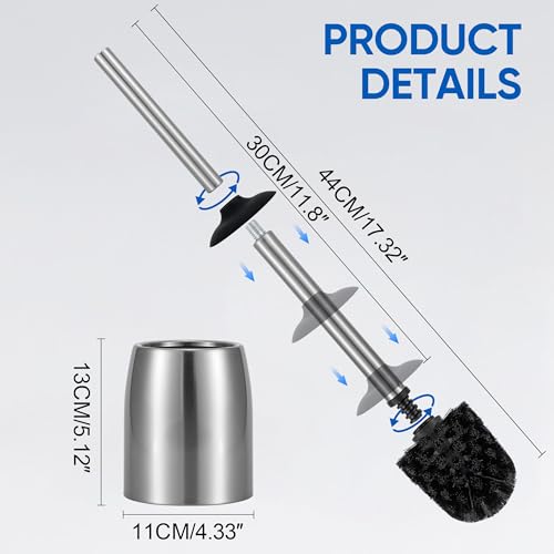 SUS304 Stainless Steel Toilet Brush and Holder Set Stain Nickle 12In Handle BristlesToilet Bowl Brush Cepillo para Baños Bathroom Brushes Cleaning Brush with Case Anti-Rust Brushed Silver