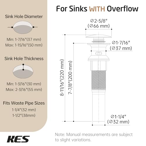 KES All Metal Bathroom Sink Drain with Strainer Basket Hair Catcher Anti Clog Pop Up Drain Stopper for Vanity Vessel Sink with Overflow, Rustproof 18/8 Stainless Steel Brushed Nickel S2013A-BN - color: Brushed Nickel, style: for sink WITH overflow,1-pack