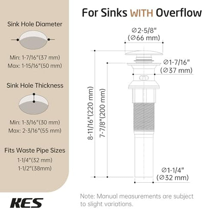 KES All Metal Bathroom Sink Drain with Strainer Basket Hair Catcher Anti Clog Pop Up Drain Stopper for Vanity Vessel Sink with Overflow, Rustproof 18/8 Stainless Steel Polished Chrome S2013A-CH - color: Polished Chrome, style: for sink WITH overflow,1-pac