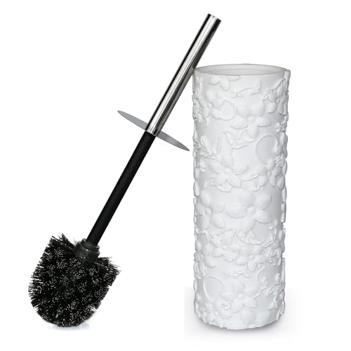 White Floral Design Resin Toilet Bowl Holder and Brush Set, Stylish Bathroom Cleaning Tool with Durable Bristles, Compact and Functional - style: White Floral