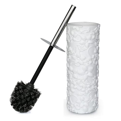 White Floral Design Resin Toilet Bowl Holder and Brush Set, Stylish Bathroom Cleaning Tool with Durable Bristles, Compact and Functional - style: White Floral