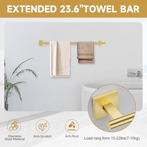 Brushed Gold Towel Bar Set, 5 Pieces Double Dase Toilet Paper Holder Bathroom Hardware Set, 23.6 Inch Stainless Steel Towel Racks for Bathroom Wall Mounted - color: Brushed Gold, size: 5pieces C