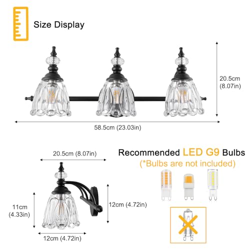 Matte Black Bathroom Vanity Light, Farmhouse Bathroom Light Fixtures Over Mirror, 3 Light Vanity Lighting Fixtures, Flower Glass Shade Wall Sconce Lighting - color: Black, size: 3 light