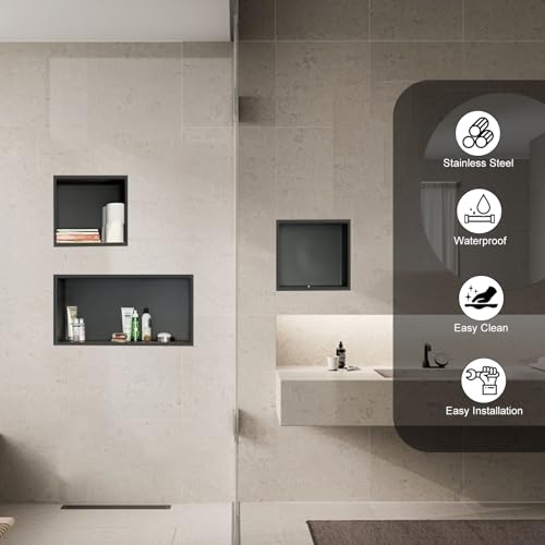24×12 Stainless Steel Shower Niche,No Tile Required Shower Niche | Recessed Shower Niche,Stainless Steel, Matte Balck, Wall Mount Bathroom Storage,Easy to Install,Inner Size: 23.2" × 11.2" - color: Matte Black, size: 24W * 12H (Single Shelf)
