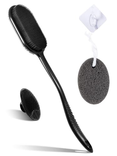 Silicone Back Scrubber for Shower, Bath Brush with Long Handle | Exfoliating & Lathering Body Scrubber Shower Brush - color: Black