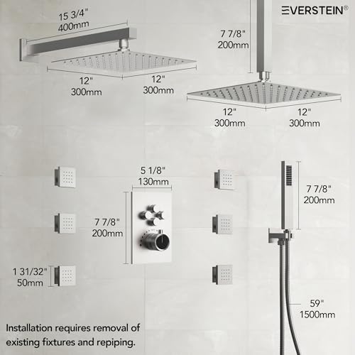 12" High-Pressure Rainfall Shower Faucet with Valve for Bathroom, Dual Rainfall Shower Head System with 6 Body Jets, Rough in-Valve (Brushed Nickel) | High-Pressure, Dual 12" Rainfall Shower Head System, 6 Body Jets, Rough in-Valve - color: Brushed Nickel