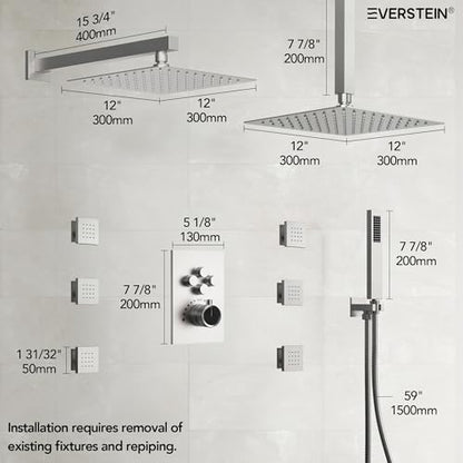 12" High-Pressure Rainfall Shower Faucet with Valve for Bathroom, Dual Rainfall Shower Head System with 6 Body Jets, Rough in-Valve (Brushed Nickel) | High-Pressure, Dual 12" Rainfall Shower Head System, 6 Body Jets, Rough in-Valve - color: Brushed Nickel