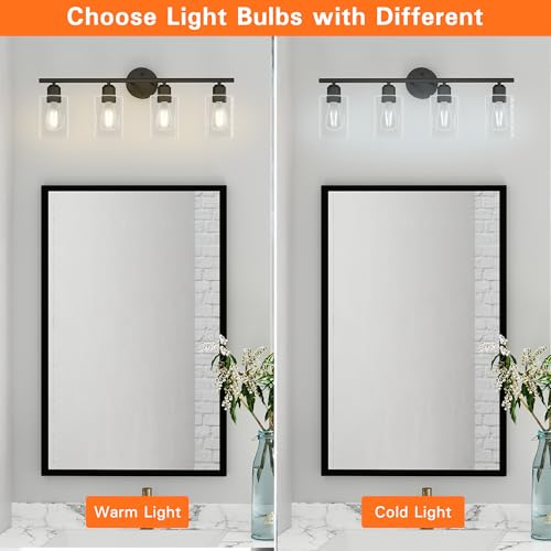 4 Light Bathroom Vanity Light Fixtures Black,Rustic Farmhouse Vanity Lighting Over Mirror Modern Industrial Lamp with Cylinder Glass Shade UL Certified - color: Matte Black, size: 4 Lights
