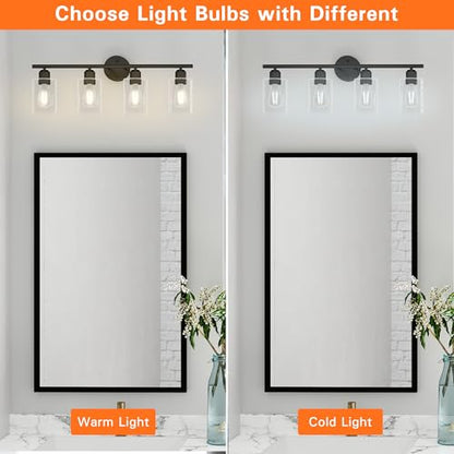 4 Light Bathroom Vanity Light Fixtures Black,Rustic Farmhouse Vanity Lighting Over Mirror Modern Industrial Lamp with Cylinder Glass Shade UL Certified - color: Matte Black, size: 4 Lights