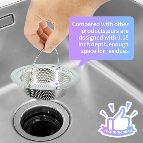 2 Pack Kitchen Sink Drain Strainer with Handle, Stainless Steel Large Kitchen Sink Drain Basket Food Catcher, Outer Diameter 4.5 Inch, Rust Free