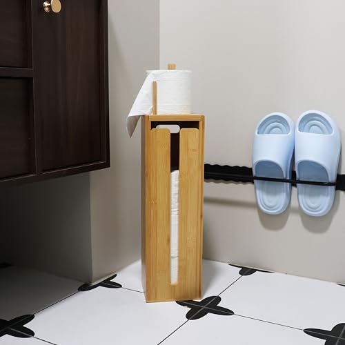 Bamboo Toilet Paper Holder Stand with Storage Shelf Box, Freestanding Bathroom Tissue Organizer and Wipes Dispenser, Reversible Use Lid, Eco-Friendly Natural Wood Home Decor Gift
