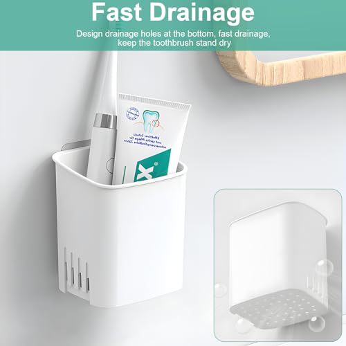2 Pcs Toothbrush Holder Wall Mounted, No Drilling Toothbrush Holders for Bathroom, Shower Electric Toothbrush and Toothpaste Razor Holder Removable Self Draining for Bathroom Kitchen (White) - color: White