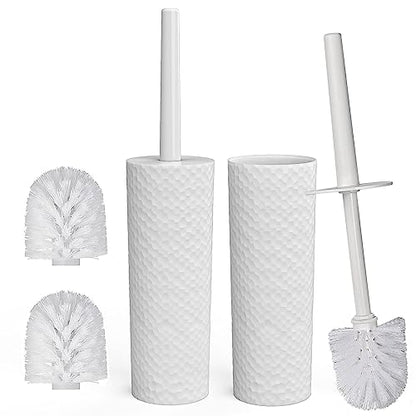 Topsky Toilet Brush & Holder Set, 2 Pack Plastic Round Barrel Loo Brush with 2 Replacement Heads, Durable for Bathroom, White - color: White
