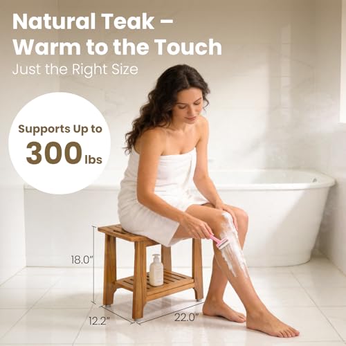 NNN 24" Home Teak Shower Bench with Japan-Made Non-Slip Leveling Feet | US Patented Design, Marine-Grade Hardware, Pre-Oiled European Teak Oil, Ready, 300lb, for Showers Spa Sauna & Outdoor Pools - size: 24"W x 13" Dx 18"H