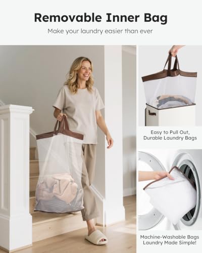 SOLEDI Slim Laundry Hamper with Lid, Narrow Laundry Basket with Removable Bags, Dirty Clothes Hamper with handle, Small Hamper perfect for Laundry room, Bathroom, Bedroom, Small spaces. 70L Beige - color: Off-White, size: 70L