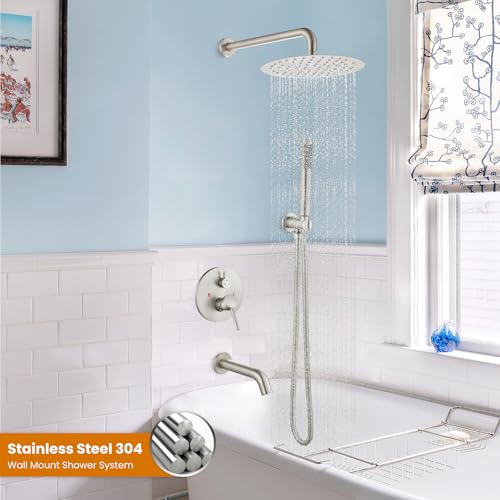 gotonovo Tub Shower Faucet Set with Valve,Brushed Nickel,Straight Handheld | 10” Rain Shower Head with Handheld Trim Kit,Luxury Shower System with Tub Spout,All Metal,Bathroom Wall Mounted 3 Function - color: Nickel