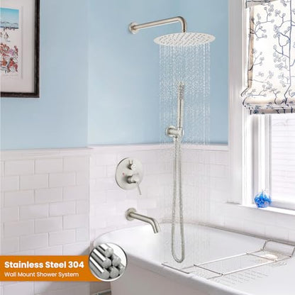 gotonovo Tub Shower Faucet Set with Valve,Brushed Nickel,Straight Handheld | 10” Rain Shower Head with Handheld Trim Kit,Luxury Shower System with Tub Spout,All Metal,Bathroom Wall Mounted 3 Function - color: Nickel