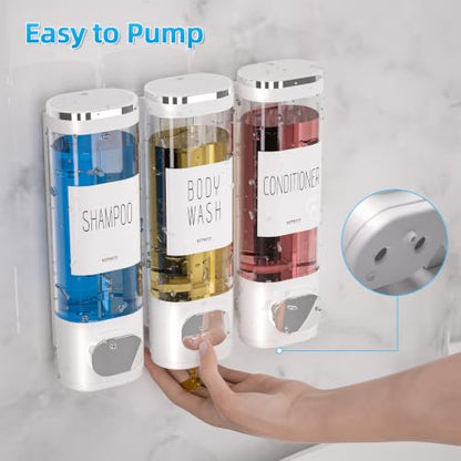 VITVITI Shampoo and Conditioner Dispenser for Shower Wall, Shower Soap Dispenser 3 Chamber No Drill Wall Mounted, 10.2 OZ Plastic Refillable Shower/Body Wash Bottles for Bathroom (White) - color: White