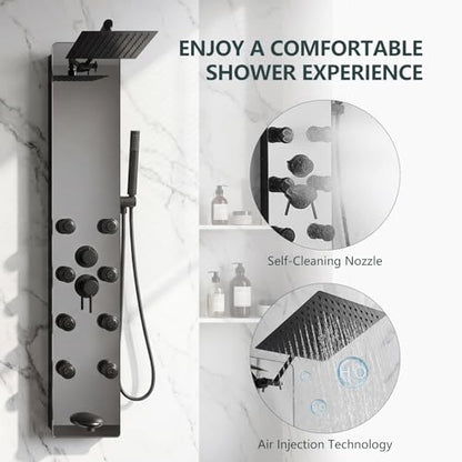 Shower Panel - Adjustable Rainfall Head, Black | Stainless Steel and Glass, Multifunction Shower Panels Tower System, Handheld Shower 2-Setting Body Jets, Tub Spout - color: Black, style: 4 IN 1 Shower Panel