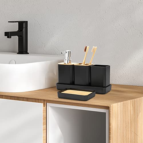 FEILANDUO Bathroom Accessories Set,5 Pcs Bathroom Accessory Gift Set, Soap Dispenser, Soap Dish, Toothbrush Holder, Toothbrush Cup, Vanity Tray, Boho, Modern Bathroom Decor (Black) - style: Black