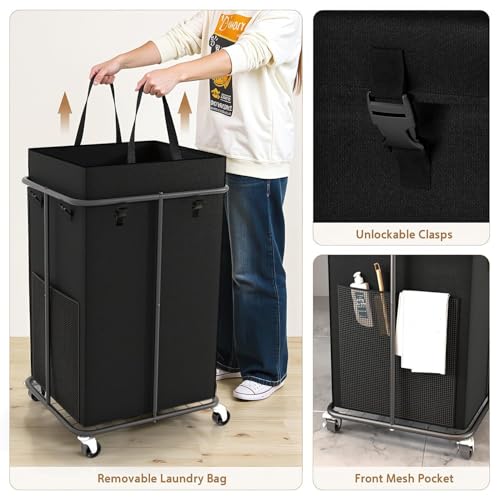 40 Gal Large Laundry Hamper with Lid, Rolling Laundry Basket with Wheels | Oxford Fabric | Dirty Clothes Hampers with Removable Bag | Metal Frame for Bedroom, Laundry Room, Bathroom, Dorm(Black) - color: Black-2