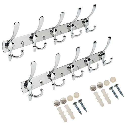 Wall Mount Coat Hook, 2 Pack 15 Hooks Stainless Steel Coat Hangers Rack Robe Hat Clothes Hook Wall Coat Rack Hooks - color: ‎Silver