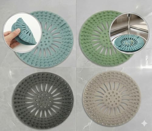 Silicone Sink Strainer Hair Catcher Set of 4 Colors - 5.3 Inch Drain Cover for Kitchen Bathroom Shower, Anti-Clogging Drain Protector with Suction Cups, BPA-Free, Blue Green Gray