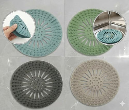 Silicone Sink Strainer Hair Catcher Set of 4 Colors - 5.3 Inch Drain Cover for Kitchen Bathroom Shower, Anti-Clogging Drain Protector with Suction Cups, BPA-Free, Blue Green Gray
