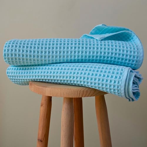 PÜSKÜL Pack of 2 Waffle Bath & Spa Towels - Premium 100% Turkish Organic Cotton - Quick Dry Thin Bath Towel for Bathroom - Made in Turkey (Turquoise, 32x63 inch) - color: Turquoise, size: Bath Towels - Pack of 2