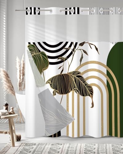 No Hook Boho Shower Curtain with Snap in Liner Set, 71x74 Inch | Double layer Waterproof Bath Curtain with Mesh Top, Tropical Botanical Leaf & Geometric Print for Mid Century Modern Bathroom - color: Boho-2