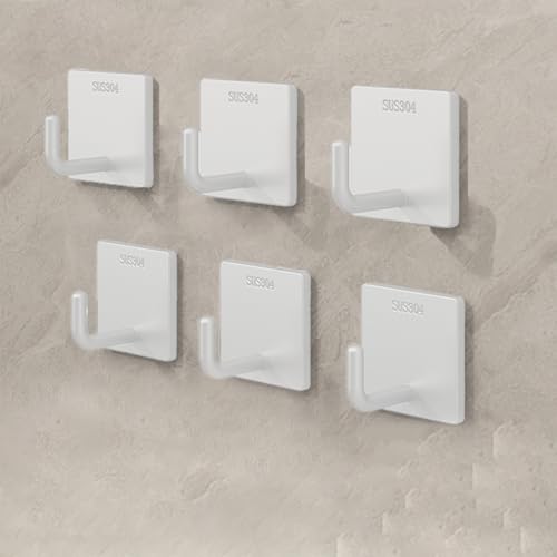 6 Pcs Stainless Steel Adhesive Hooks, Heavy Duty Waterproof in Shower Hook for Hanging Loofah, Towels, Clothes, Robes for Bathroom Removable Adhesive Wall Door Hangers, Square