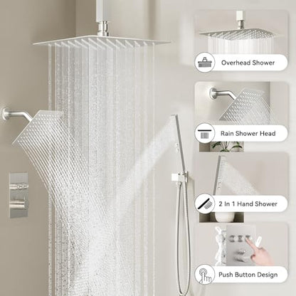 Shower Faucets Sets Brushed Nickel Shower System,12" Ceiling Rainfall Shower and 6" Wall Mount with 2 in 1 Handhled, Can Use All at Once, Thermostatic Shower Set with Valve and Trim Kit - color: Brushed Nickel, size: 6+12 inch-11