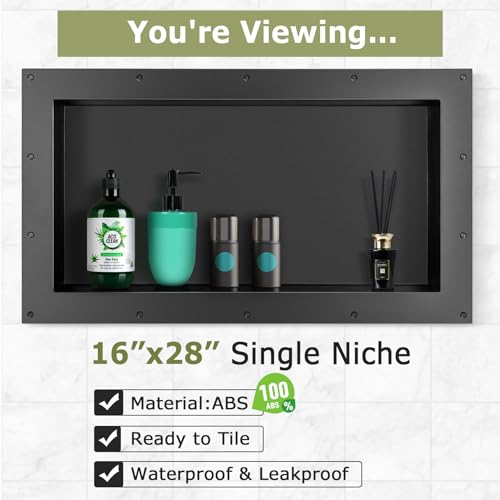 Suteck 16"x28" Shower Niche, Single Large Shelf Tile-Ready Storage Box | Large 24"x12" Inner Space | 100% Waterproof ABS | Over/Flush Mount, Vertical/Horizontal | Multi-Scene For Bathroom, Kitchen - size: 16x28"