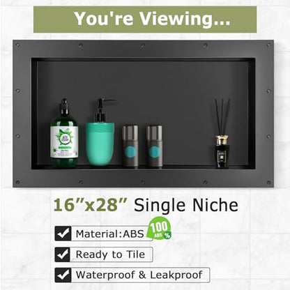 Suteck 16"x28" Shower Niche, Single Large Shelf Tile-Ready Storage Box | Large 24"x12" Inner Space | 100% Waterproof ABS | Over/Flush Mount, Vertical/Horizontal | Multi-Scene For Bathroom, Kitchen - size: 16x28"