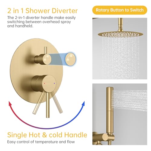 BESy Shower System with 10 Inch Round Rain Shower Head and Handheld Wall Mounted, High Pressure Rainfall Shower Faucet Fixture Combo Set with 2 in 1 Handheld Showerhead for Bathroom, Gold - color: Gold