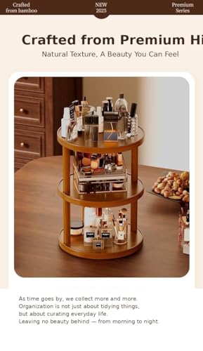 3-Tier Rotating Bamboo Makeup Organizer with Silent 360° Turntable, Large Capacity Desktop Storage Rack for Vanity, Kitchen, Coffee Station & Entryway
