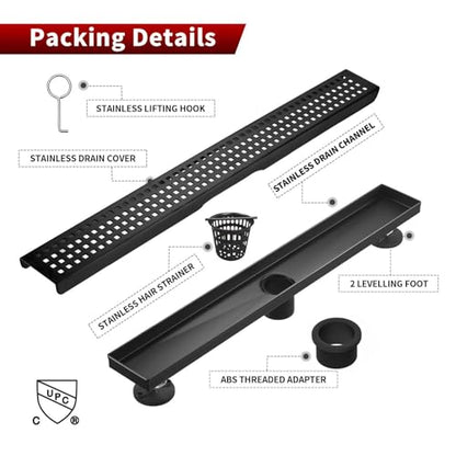 Sharp-tec Shower Drain, 28 inch Linear Shower Drain, Matte Black 304 Stainless Steel Rectangular Shower Floor Drain with Adjustable Leveling Feet, Hair Strainer, cUPC Certified, ST-112-28B - color: Matte Black, size: 28 inch