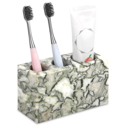 Natural Marble Toothbrush Holder, Green Emerald, 3 Slots | Large Bathroom Organizer Countertop, Ventilation Design, Stone Toothbrush and Toothpaste Stand, Non-Slip Silicone Pads - color: Green Emerald, size: 3 Slots