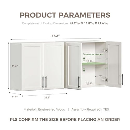 Furnaza 48" W Wall Cabinets for Laundry Room with Adjustable Shelf | White Upper Kitchen Wall Mounted Cabinets With Two Shaker Doors for Bathroom,Garage,12"D x 22"H,Floating Hanging Storage - size: 48"W