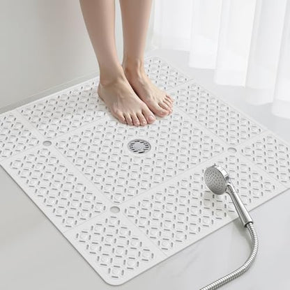 Yolife Square Shower Mat, 27" x 27" Large Shower Mat with Center Drain Hole, Soft TPE Non Slip Shower Mats for Inside Shower with Suction Cups, Anti Slip Washable Shower Floor Mat, White - color: White
