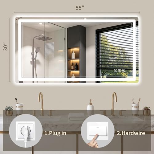 30"x55" LED Bathroom Mirror with Lights, Backlit + Front Lit, Anti-Fog, Lighted Bathroom Mirror for Wall, HD Shatterproof Tempered Glass, Dimmable, Memory Function (Horizontal/Vertical) - size: 55"L x 30"W
