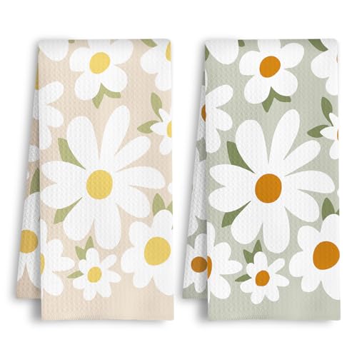 Daisy Floral Kitchen Towels, 70s Retro Brown and Green Flower Dish Tea Towels, Rustic Cottagecore Botanical Hand Towel for Bathroom Kitchen, 16x24 Inches Set of 2 - color: Brown and Green Daisy Floral
