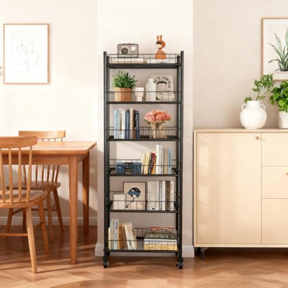 Utility Slim Storage Cart 6 Tier Narrow Metal Frame Carts | 6 Tier Narrow Kitchen Storage Cart,Laundry Room Carts, for Kitchen,DiningRoom,Living Room,Home Office,Classic Black - color: Black