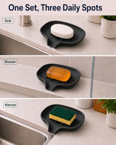 AIMAIAIMAI 3 Pack Soap Dish, Soap Dishes for Bathroom, Shower, Silicone Soap Bar Holder, Soap Tray for Kitchen, BPA-Free, Dishwasher Safe (Black) - color: Black